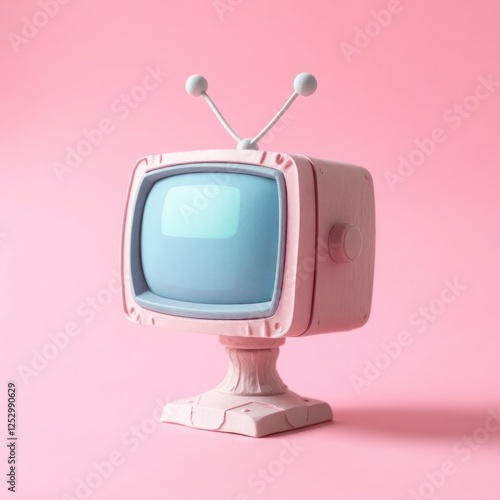 Retro-styled pink television set with antenna on a pastel background, evoking nostalgia and whimsy photo