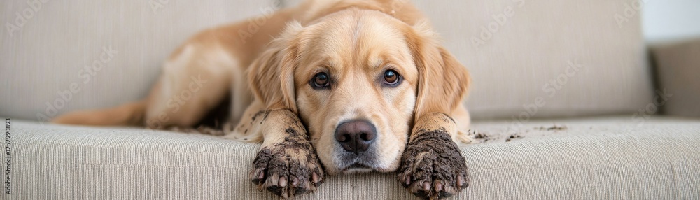 Playful golden retriever with muddy paws relaxing on sofa in cozy home environment Playful golden retriever with muddy paws relaxing on sofa in cozy home environment