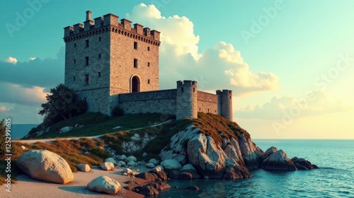 Stone tower fortress overlooking tranquil ocean at sunset photo