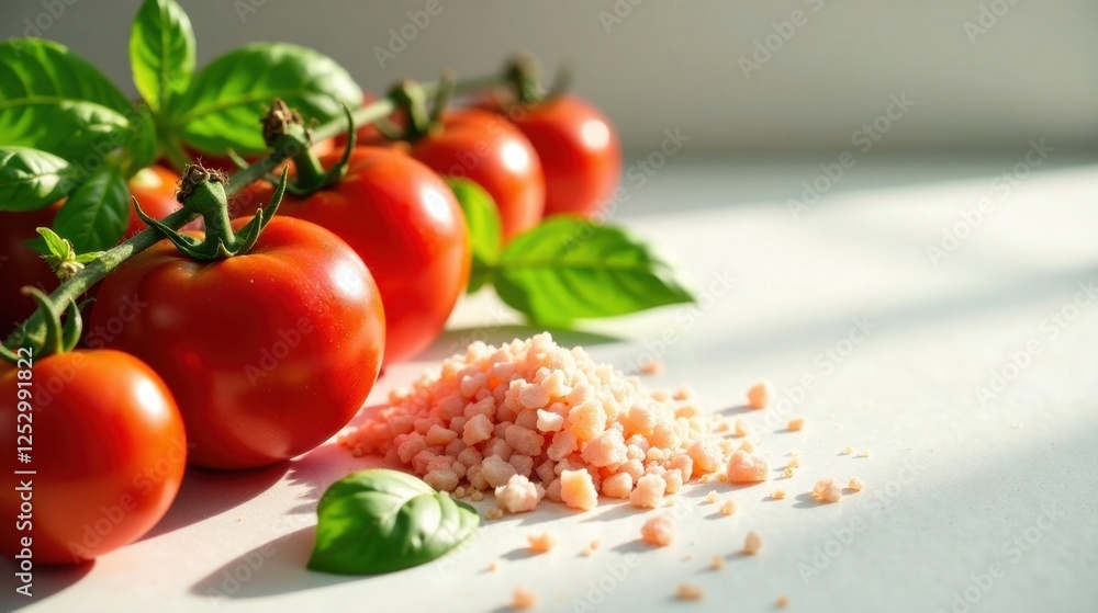 Vibrant Red Tomatoes on the Vine with a Delicate Sprinkle of Pink Granules, Illuminated by Soft Natural Light Vibrant Red Tomatoes on the Vine with a Delicate Sprinkle of Pink Granules, Illuminated by Soft Natural Light