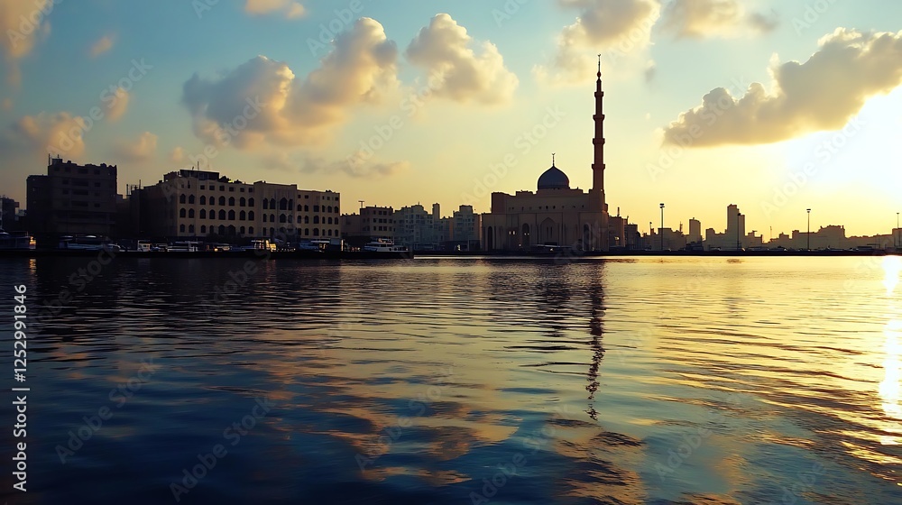 Fototapeta premium Sunset Silhouette of a Mosque and Cityscape Reflected in Calm Water