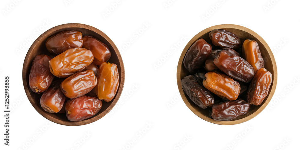 Fresh dates in wooden bowls, simple overhead product shot on white background Fresh dates in wooden bowls, simple overhead product shot on white background