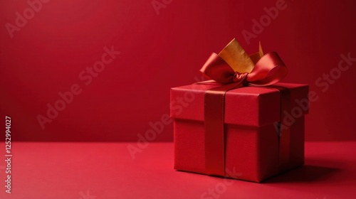 Wallpaper Mural A Single Red Gift Box with a Crimson Ribbon Bow on a Red Background Torontodigital.ca