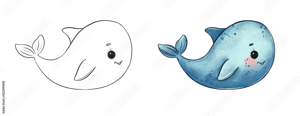 Fototapeta premium Cute cartoon whale illustration in black and white and colored versions for creative projects