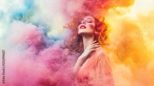 Colorful portrait of a woman surrounded by vibrant smoke