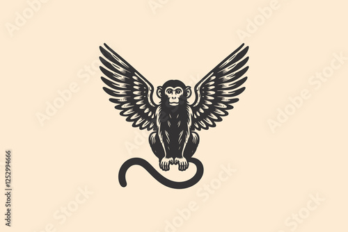 Flying monkey with wings in vintage surreal vector engraving style