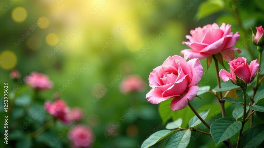 Delicate Pink Roses in a Lush Garden Setting Bathed in Soft Sunlight Delicate Pink Roses in a Lush Garden Setting Bathed in Soft Sunlight
