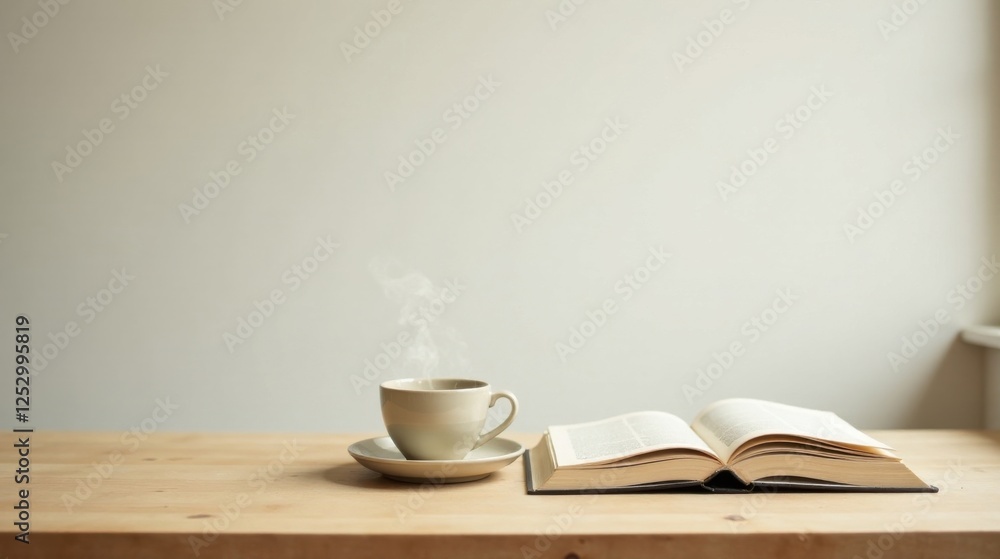 A steaming cup of hot beverage rests beside an open book on a light wood surface against a neutral backdrop. A steaming cup of hot beverage rests beside an open book on a light wood surface against a neutral backdrop.