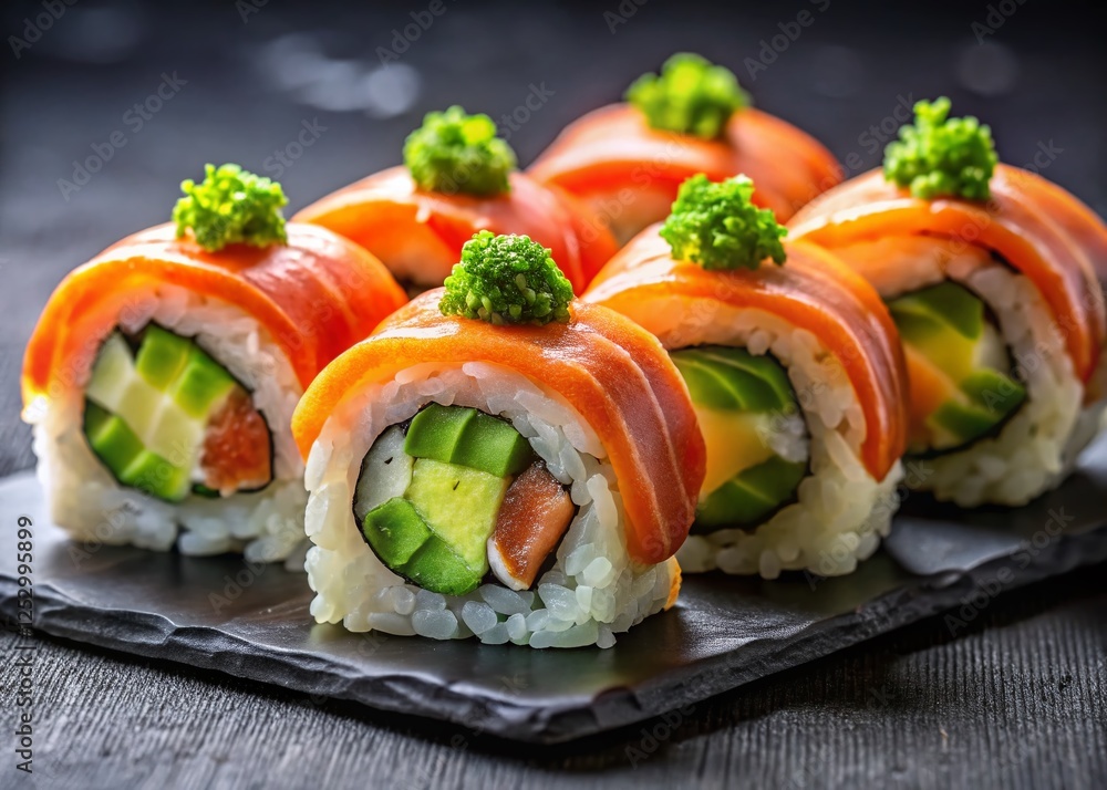 Fresh Salmon Avocado Sushi Rolls with Wasabi Garnish - Delicious Japanese Cuisine Fresh Salmon Avocado Sushi Rolls with Wasabi Garnish - Delicious Japanese Cuisine