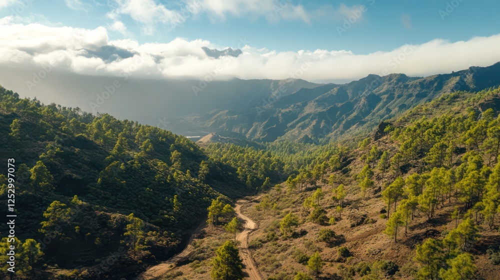 Naklejka premium Serene Mountain Landscape: A Breathtaking Aerial View of Gran Canaria's Rugged Beauty