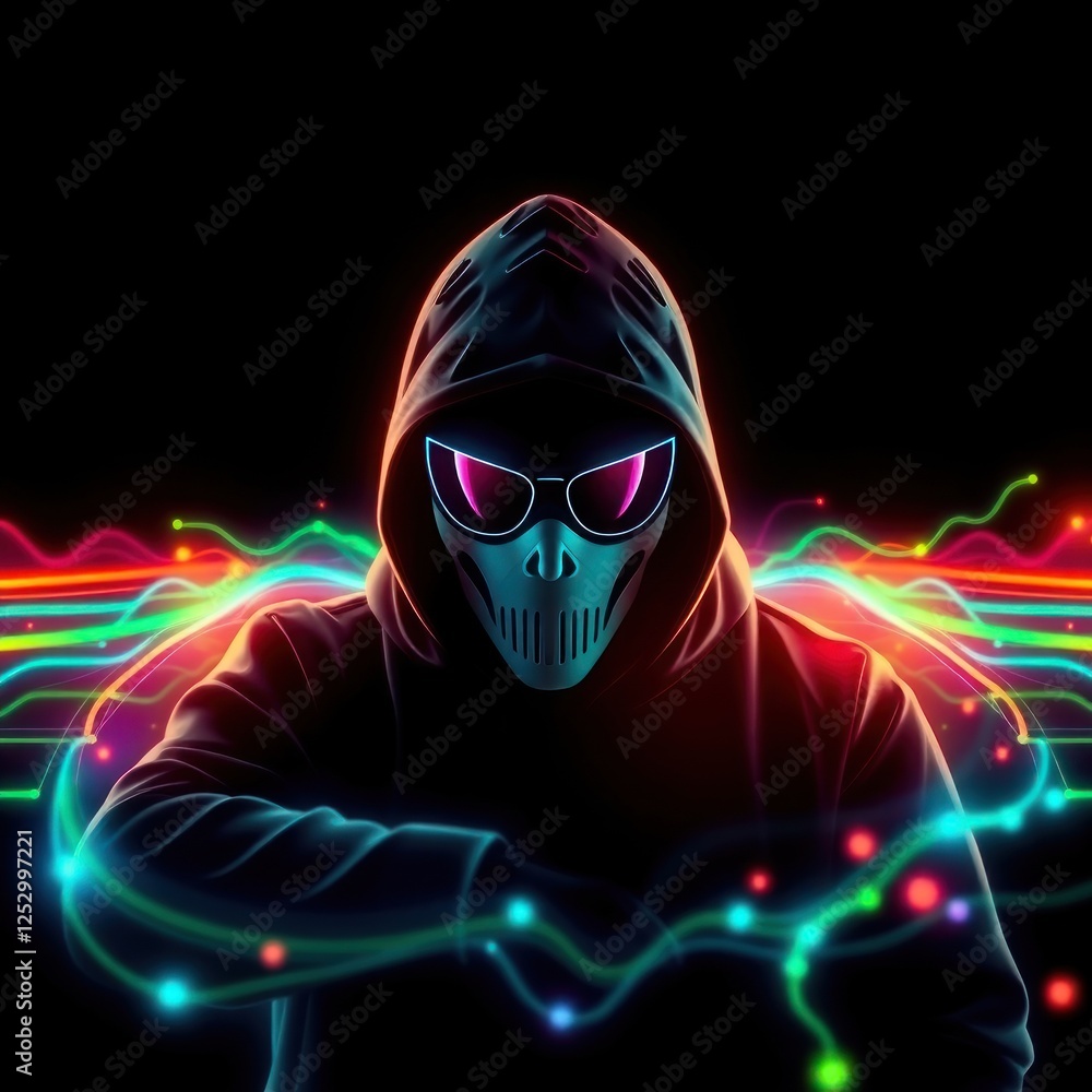 Mysterious figure in a hoodie with glowing sunglasses surrounded by vibrant light trails in darkness Mysterious figure in a hoodie with glowing sunglasses surrounded by vibrant light trails in darkness
