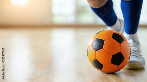 Soccer ball resting on the floor with sports equipment and cramp in realistic photography setting photo