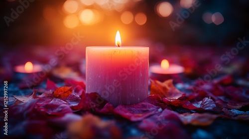 Illuminated Candle Among Autumn Leaves photo