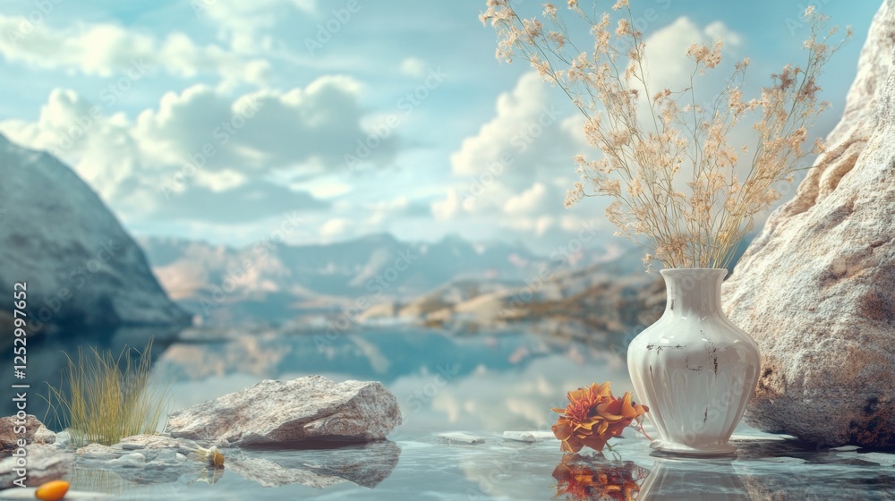 Obraz premium Scenic coastal view with white vases and dried flowers