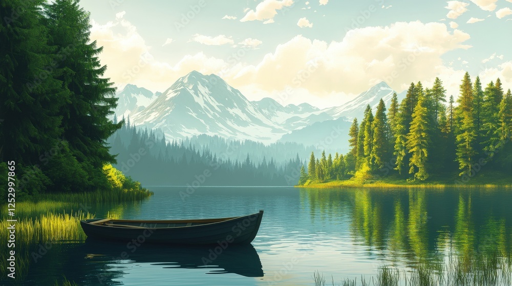 Serene Mountain Lake With A Small Rowboat Serene Mountain Lake With A Small Rowboat