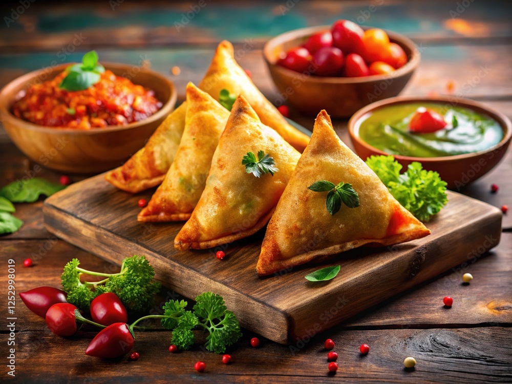 Crispy Fried Vegetable Samosas on Wooden Board Crispy Fried Vegetable Samosas on Wooden Board