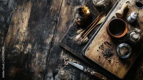 Fototapeta Rustic coffee setup with vintage utensils