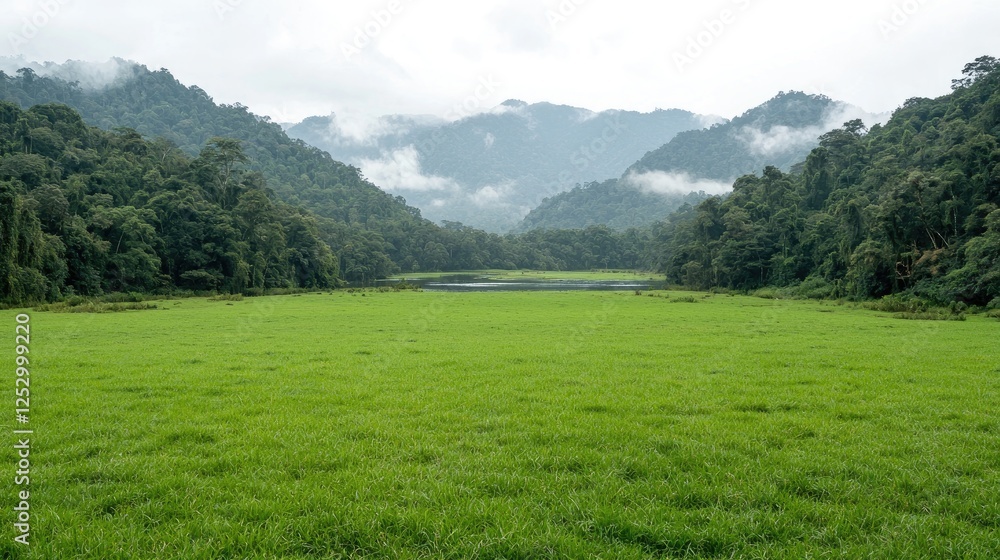 Fototapeta premium Lush green valley, tranquil lake, misty mountains. Background of calm serenity. Possible use in travel, nature, and environment-focused imagery