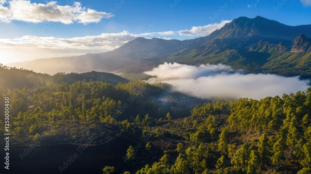 Fototapeta premium Majestic Sunrise over Volcanic Peaks and Cloud-Shrouded Forests