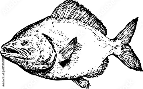 A detailed illustration of a fish, showcasing its fins, scales, and facial features in a realistic style. The fish appears to be swimming, with a prominent dorsal fin and a rounded body.