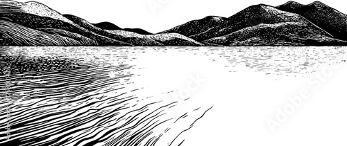 A stylized black and white illustration of a serene landscape featuring rolling hills and a calm body of water. The lines create a sense of movement in the water and texture in the mountains.