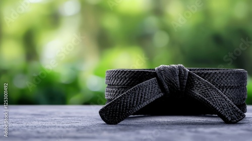Two black wedding rings and a taekwondo black belt on a wooden table in realistic photography