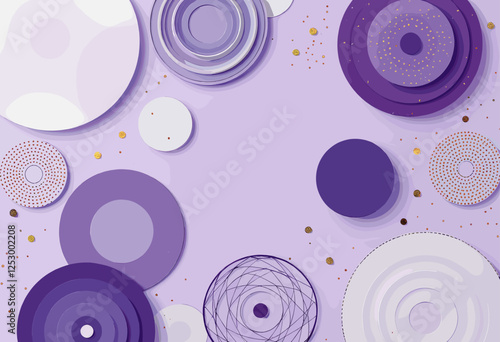 Various shapes, including circles, ovals, and rings, arranged in a visually appealing manner against a purple background. Vector patterns, random pattern