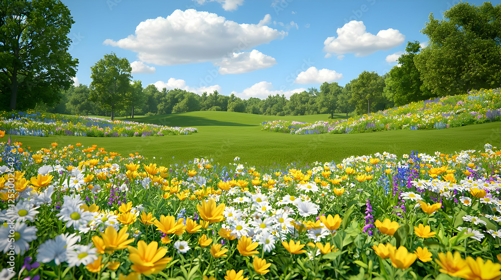 Fototapeta premium Sunny meadow wildflowers, green hills, blue sky. Ideal for spring, nature, serenity