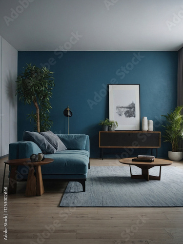 A modern apartment interior with an empty living room and a blank blue wall.