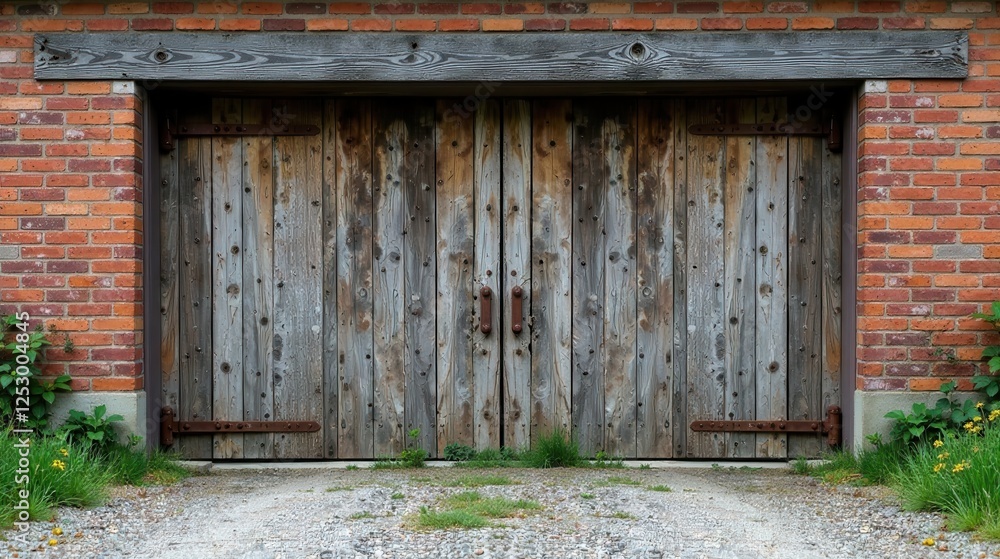 Rustic Weathered Wooden Double Barn Doors Set in a Brick Wall Rustic Weathered Wooden Double Barn Doors Set in a Brick Wall