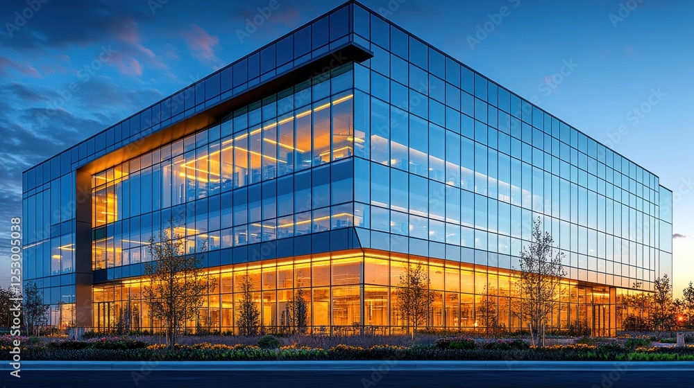 Obraz premium Modern glass office building at dusk, city background, corporate success