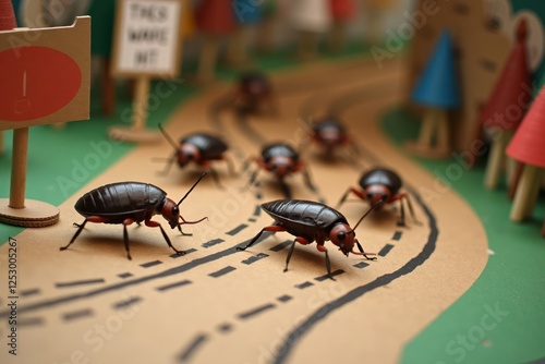 A whimsical scene of cockroaches racing on a mini racetrack made of cardboard. The backdrop features handmade signs and cheering spectators photo