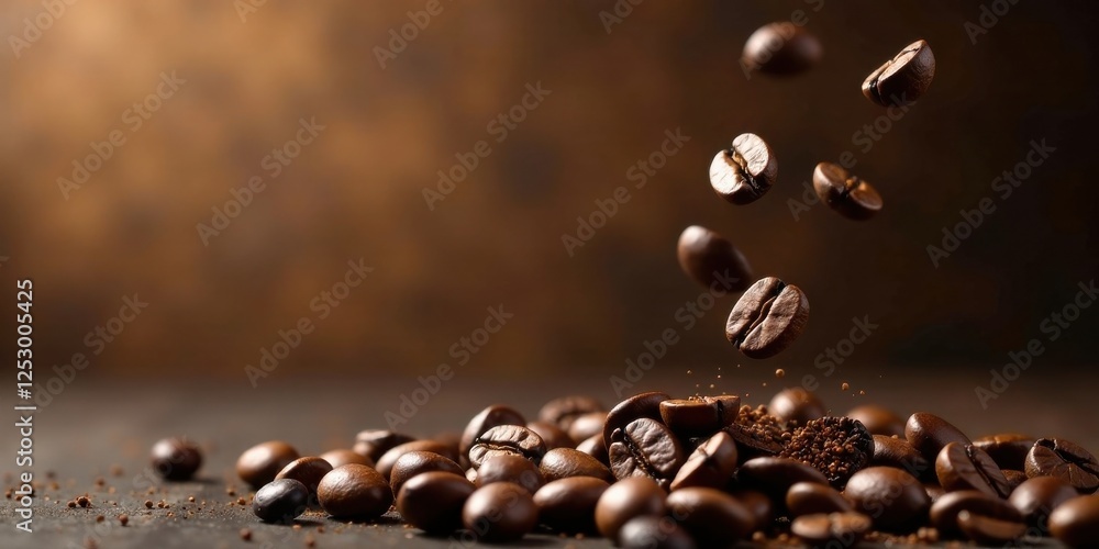 Roasted Coffee Beans Falling Onto a Pile A Close-Up View of Aromatic, Dark Brown Coffee Beans in Motion and at Rest Roasted Coffee Beans Falling Onto a Pile A Close-Up View of Aromatic, Dark Brown Coffee Beans in Motion and at Rest