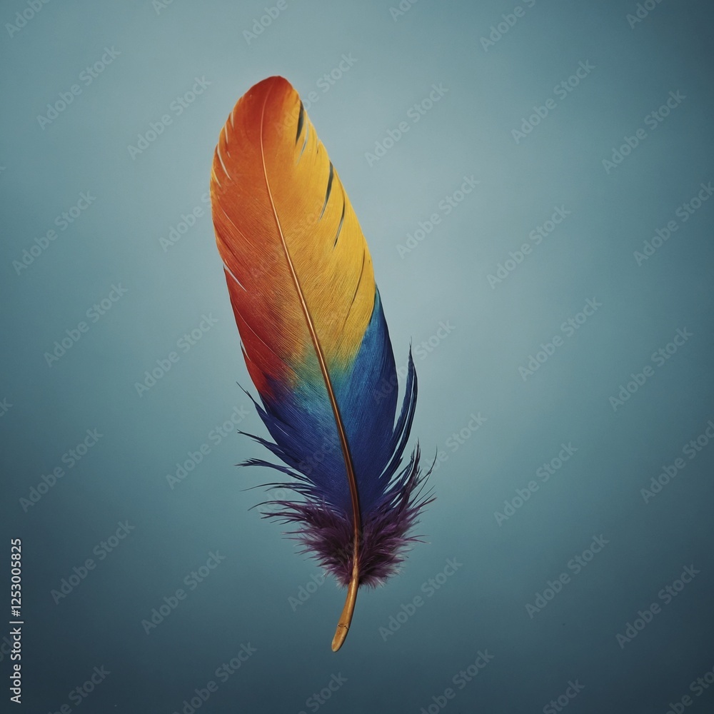 A single colorful feather floating elegantly in the air. A single colorful feather floating elegantly in the air.