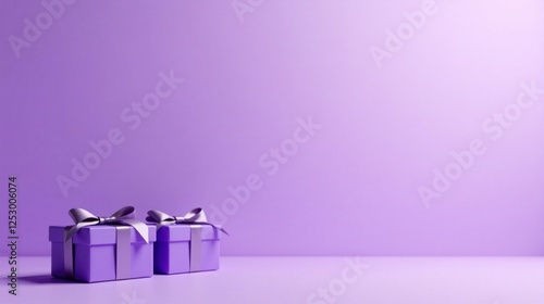 Two Lavish Purple Presents with Silver Ribbons on a Soft Lilac Background, Ideal for Festive Celebrations or Special Occasions