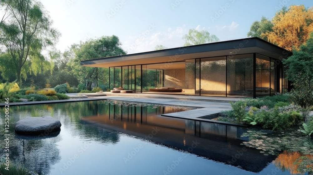 Modern glass pavilion reflecting in tranquil pond, serene garden backdrop; architectural design Modern glass pavilion reflecting in tranquil pond, serene garden backdrop; architectural design