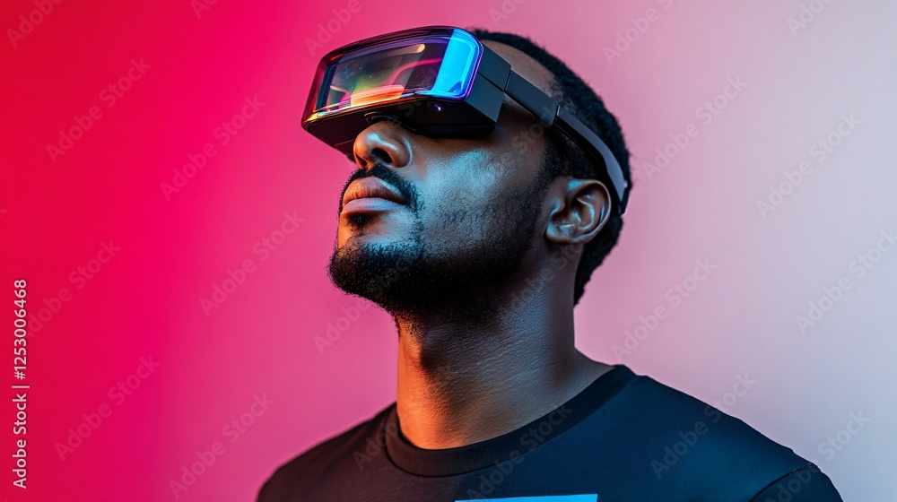 Immersive Virtual Reality Experience Man Exploring Metaverse with VR Headset Immersive Virtual Reality Experience Man Exploring Metaverse with VR Headset