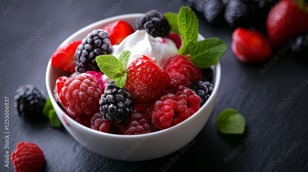 bowl of fresh berries with mint and cream on dark surface bowl of fresh berries with mint and cream on dark surface