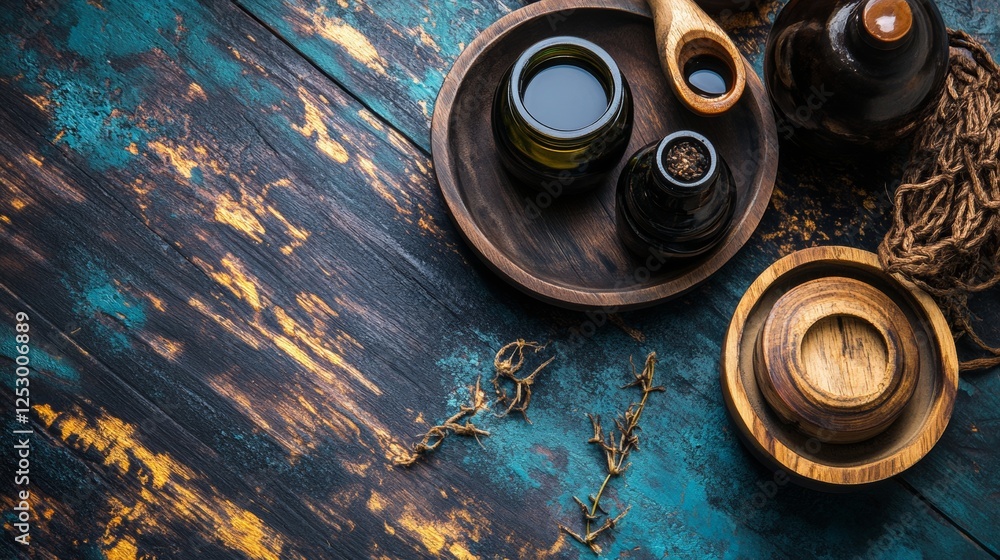 Rustic tea setup with ceramic cups on a textured wooden surface Rustic tea setup with ceramic cups on a textured wooden surface