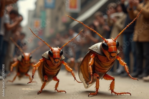 A cockroach race themed around famous movie characters, with each insect dressed up in tiny costumes. The background features movie posters and fans taking photos photo