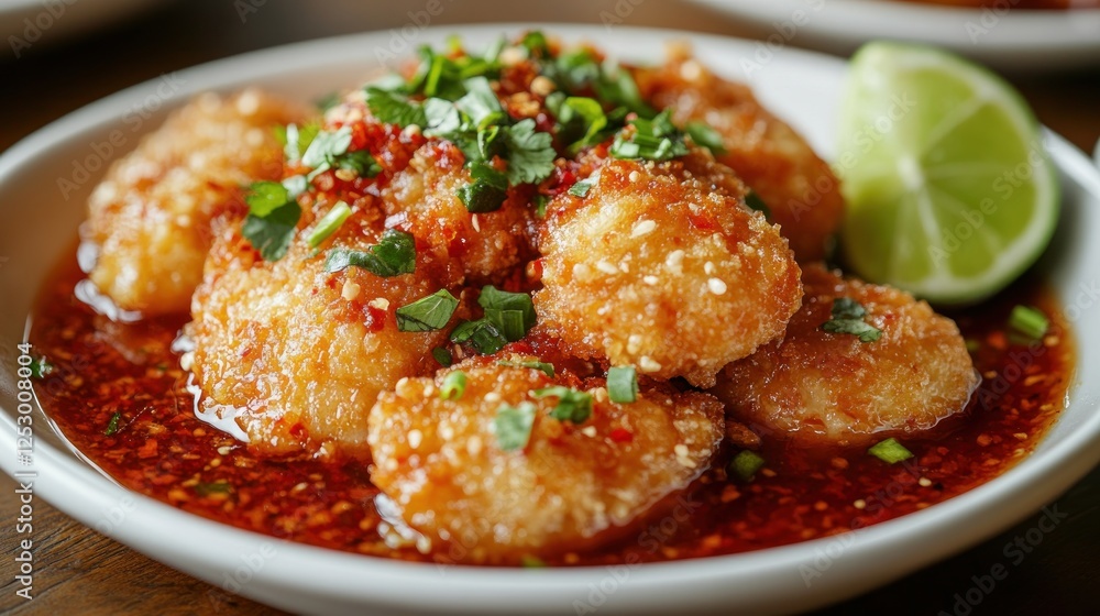 Close-up of Crispy Fried Chicken with Sesame Seeds, Chili Sauce, and a Lime Wedge Close-up of Crispy Fried Chicken with Sesame Seeds, Chili Sauce, and a Lime Wedge