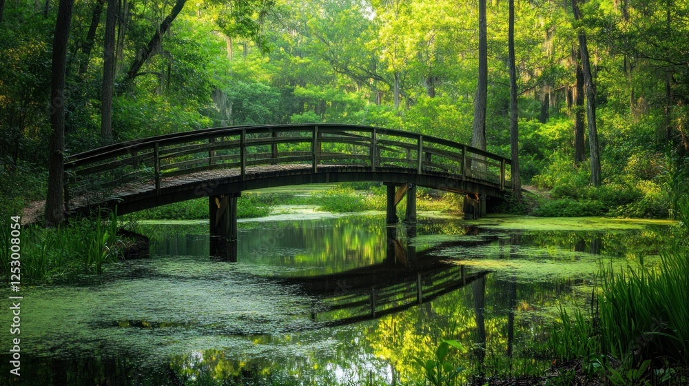 Serene Wooden Bridge Over a Tranquil Green Lake in a Lush Forest Serene Wooden Bridge Over a Tranquil Green Lake in a Lush Forest