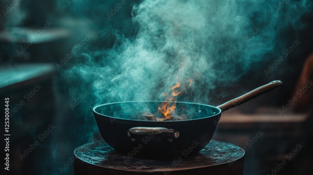 Steaming hot wok with cooking ingredients in a rustic setting Steaming hot wok with cooking ingredients in a rustic setting