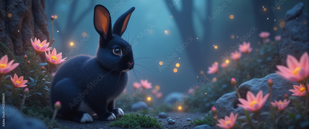 Black Bunny in Mystical Forest Illustration Black Bunny in Mystical Forest Illustration