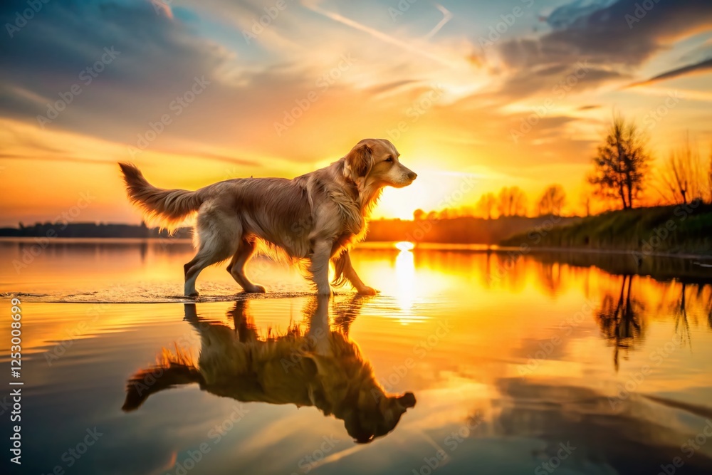 Golden Retriever Silhouette in Pond Water, Dog Silhouette at Sunset, Canine Reflection, Shallow Water Dog, Sunset Dog Photography Golden Retriever Silhouette in Pond Water, Dog Silhouette at Sunset, Canine Reflection, Shallow Water Dog, Sunset Dog Photography