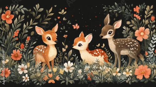 Illustrative depiction of three fawn in a floral meadow at twilight radiating innocence