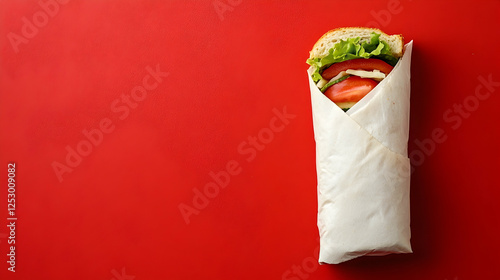A freshly made wrap filled with lettuce, tomatoes, and other healthy ingredients, neatly wrapped in white paper against a bold red background.