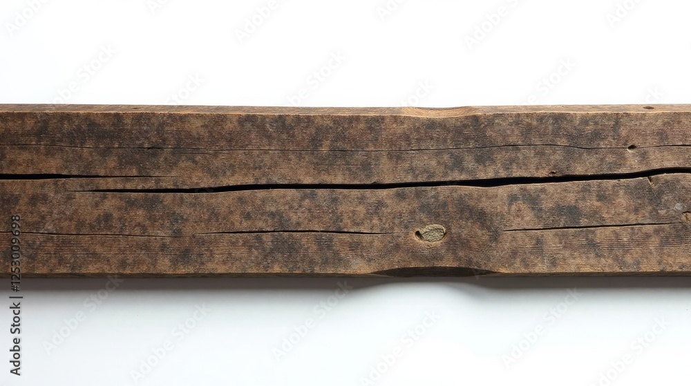 A weathered brown wood plank isolated on a white background, showcasing its rustic texture and natural grain, ideal for design projects needing a vintage or antique aesthetic. A weathered brown wood plank isolated on a white background, showcasing its rustic texture and natural grain, ideal for design projects needing a vintage or antique aesthetic.