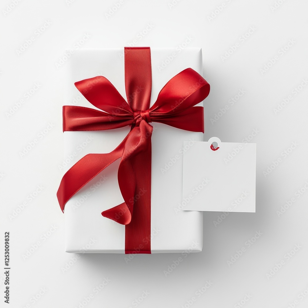 White gift box with red ribbon and blank tag on white background White gift box with red ribbon and blank tag on white background