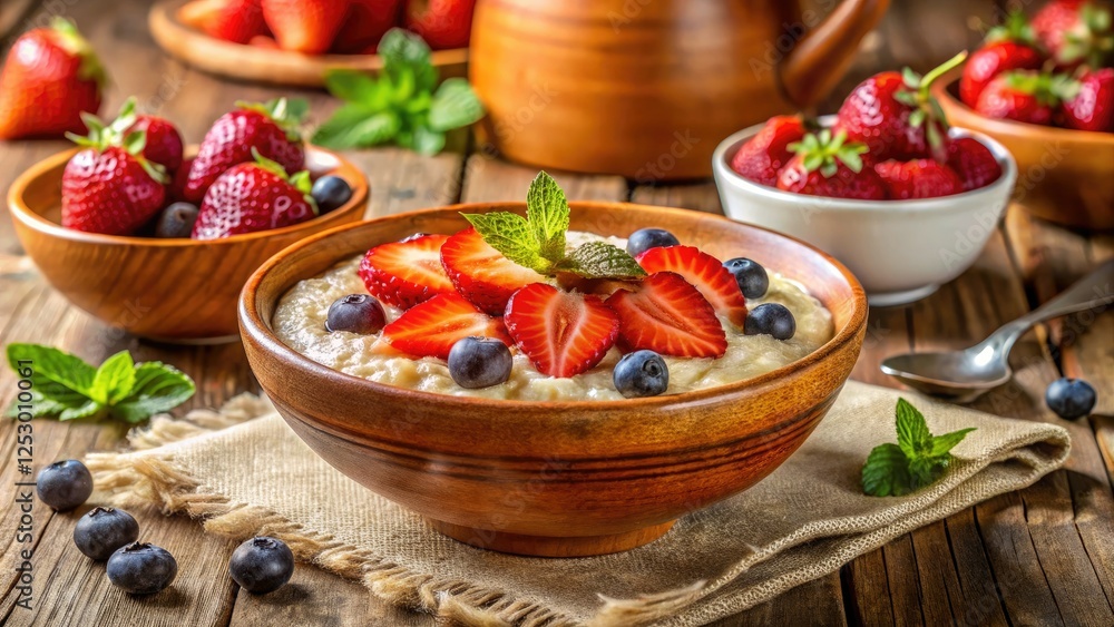 Creamy oatmeal, vibrant strawberries, a Russian breakfast bathed in sunlit depth. Creamy oatmeal, vibrant strawberries, a Russian breakfast bathed in sunlit depth.